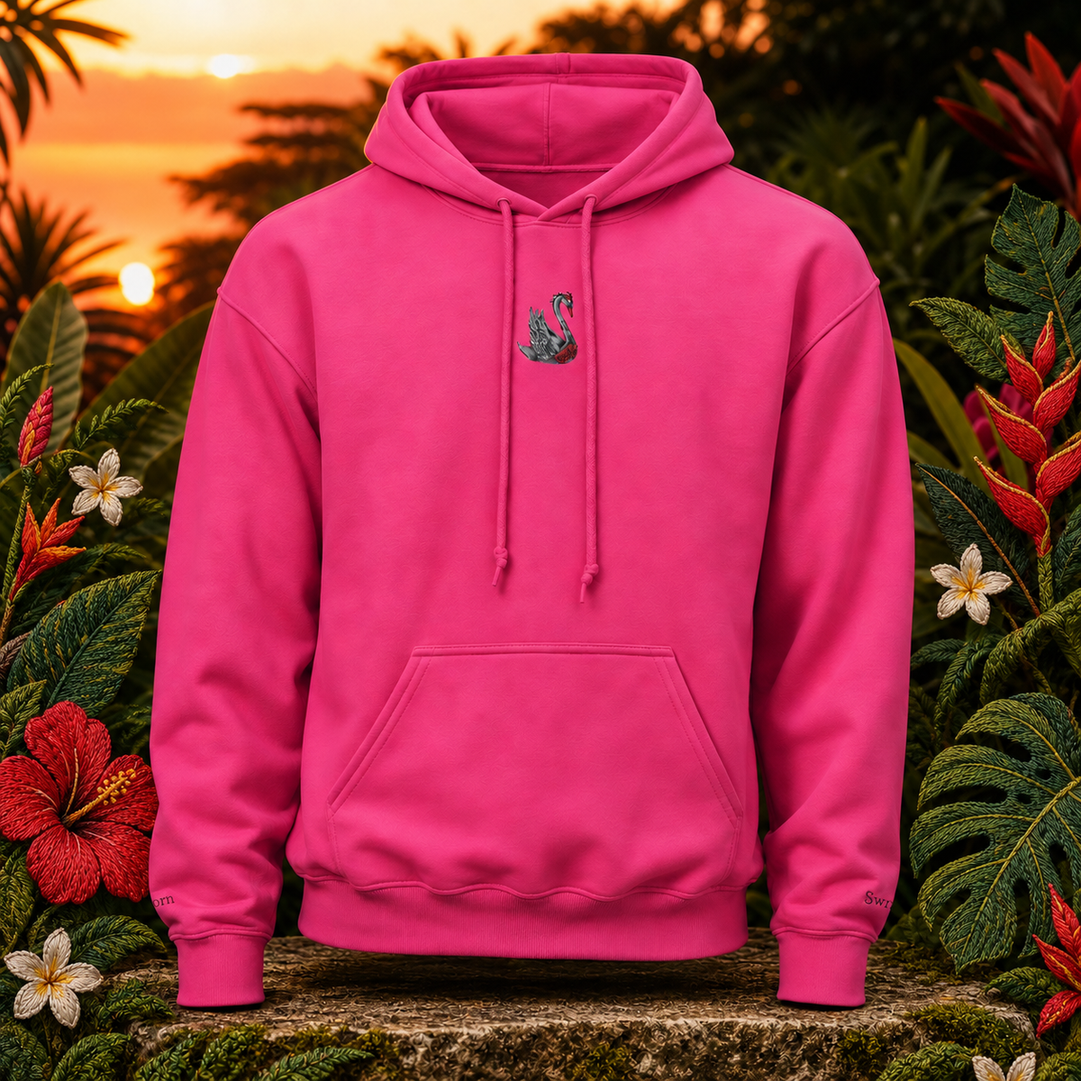 Swan Hoodie – Bright Future product image — original product in a realistic nature scene with embroidered environmental details.