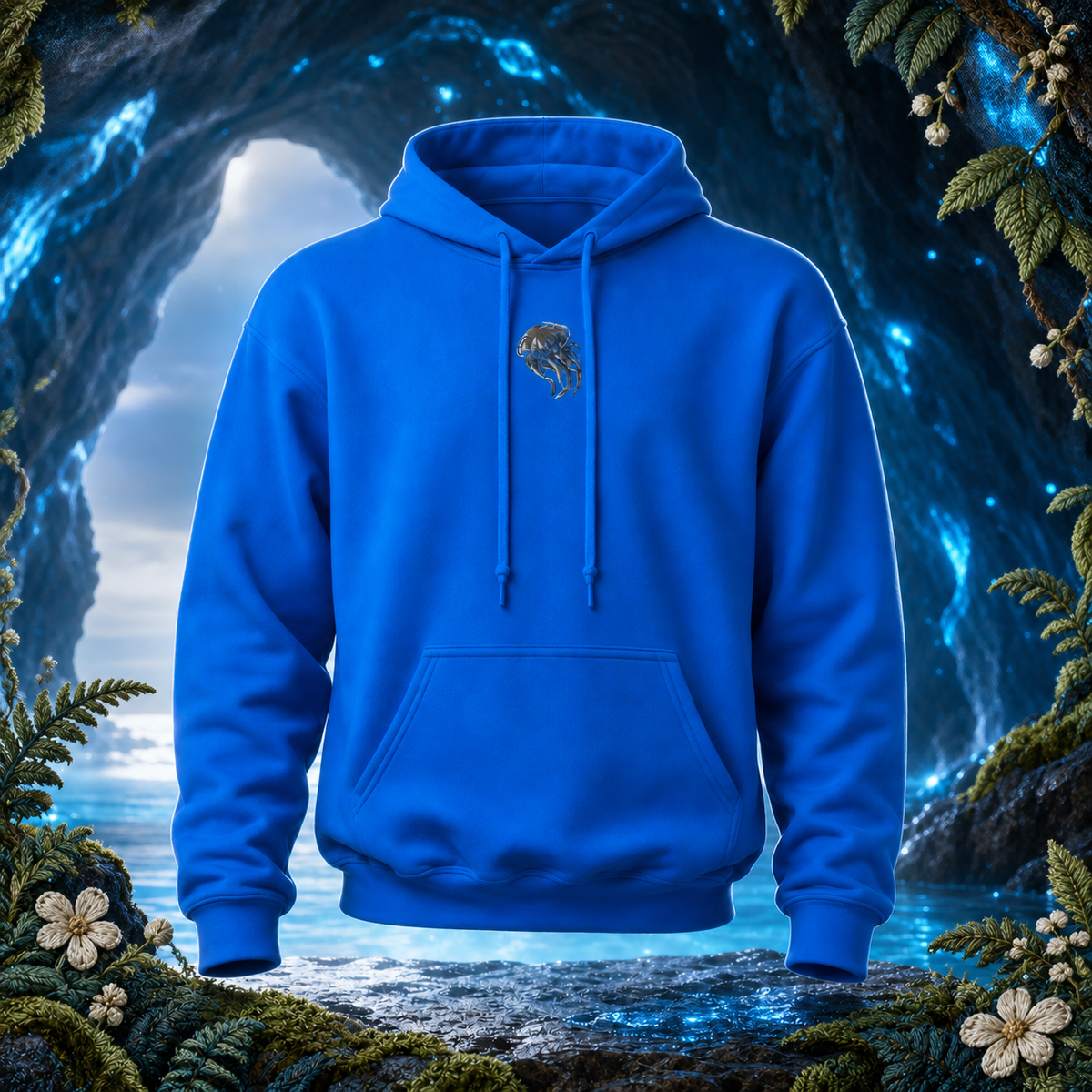 Jellyfish Hoodie – Flow, Light & Surrender – Bright Future product image — original product in a realistic nature scene with embroidered environmental details.