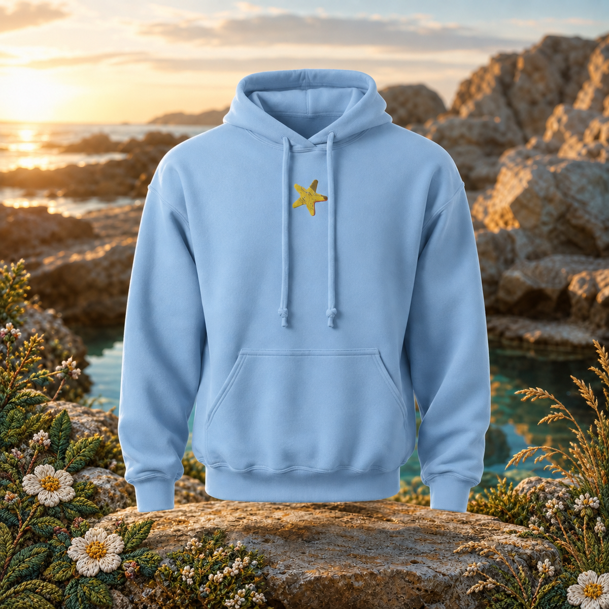 Starfish Hoodie – Bright Future product image — original product in a realistic nature scene with embroidered environmental details.