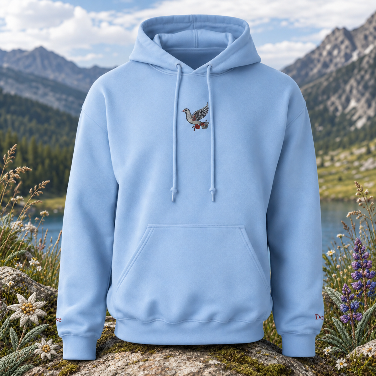 Dove Hoodie – Peace, Love & Divine Guidance – Bright Future product image — original product in a realistic nature scene with embroidered environmental details.
