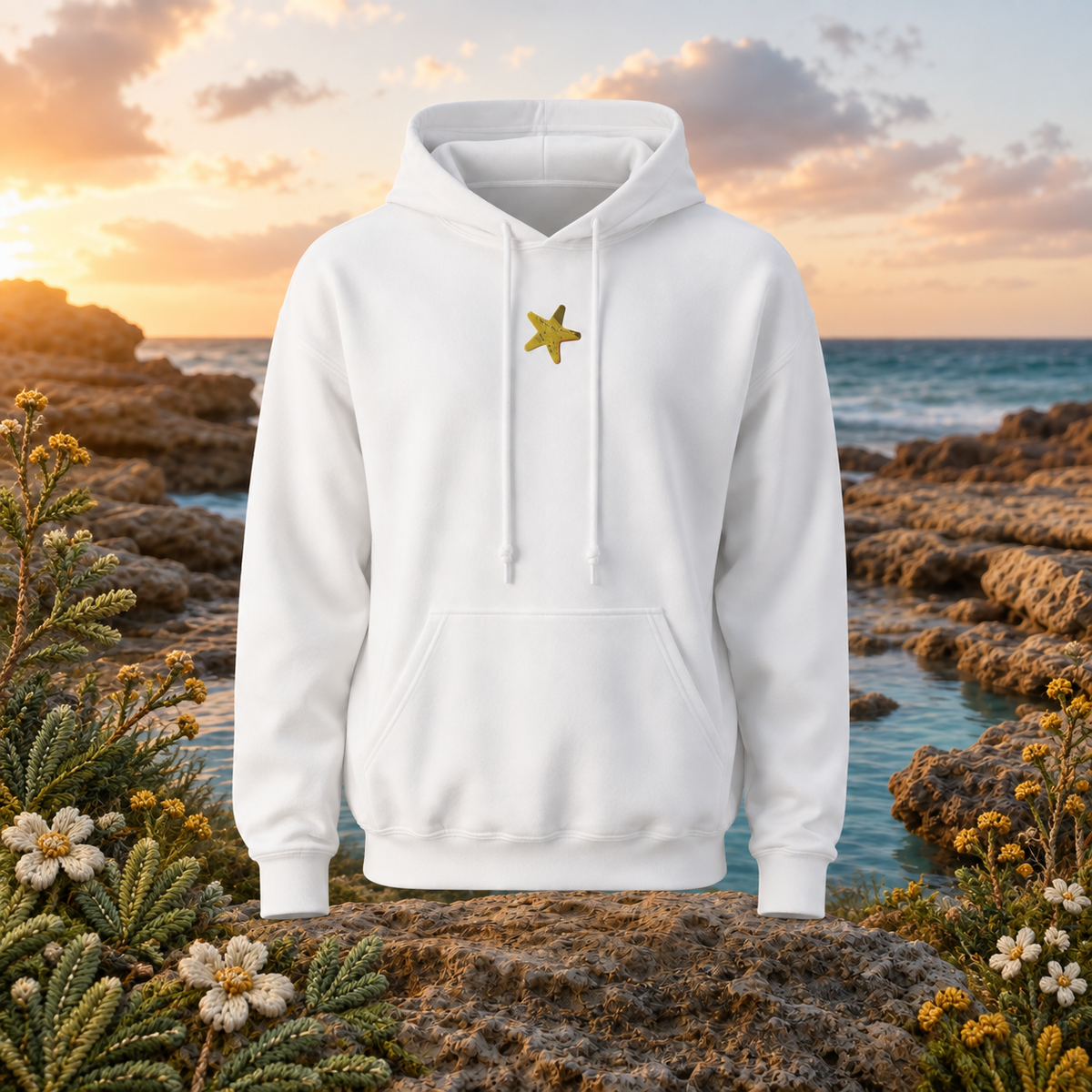 Starfish Hoodie – Bright Future product image — original product in a realistic nature scene with embroidered environmental details.