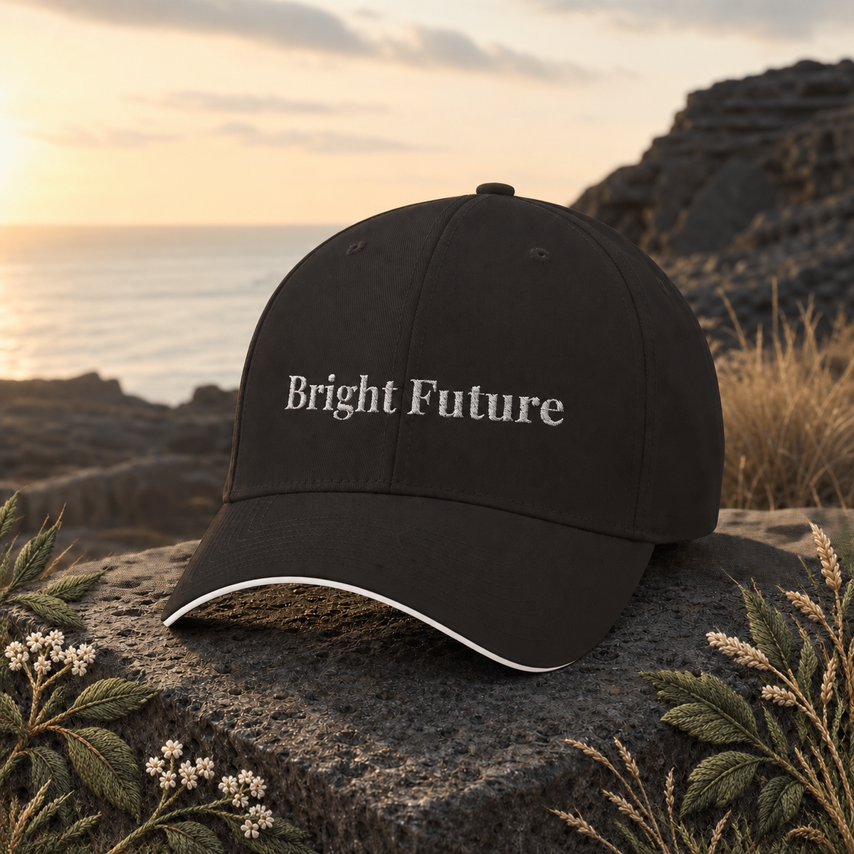Bright Future Sports Cap – Bright Future product image — original product in a realistic nature scene with embroidered environmental details.