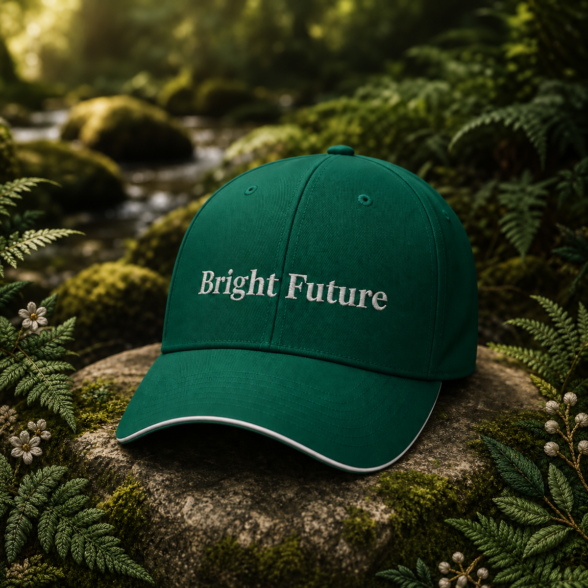 Bright Future Sports Cap – Bright Future product image — original product in a realistic nature scene with embroidered environmental details.