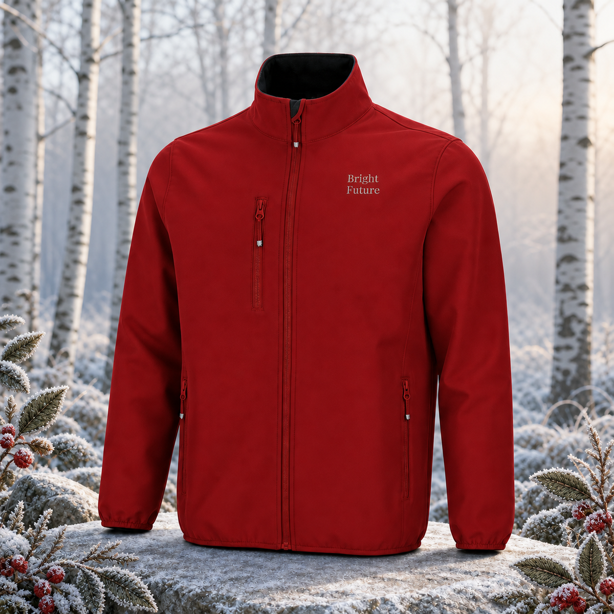 Recycled Softshell Jacket – Bright Future product image — original product in a realistic nature scene with embroidered environmental details.