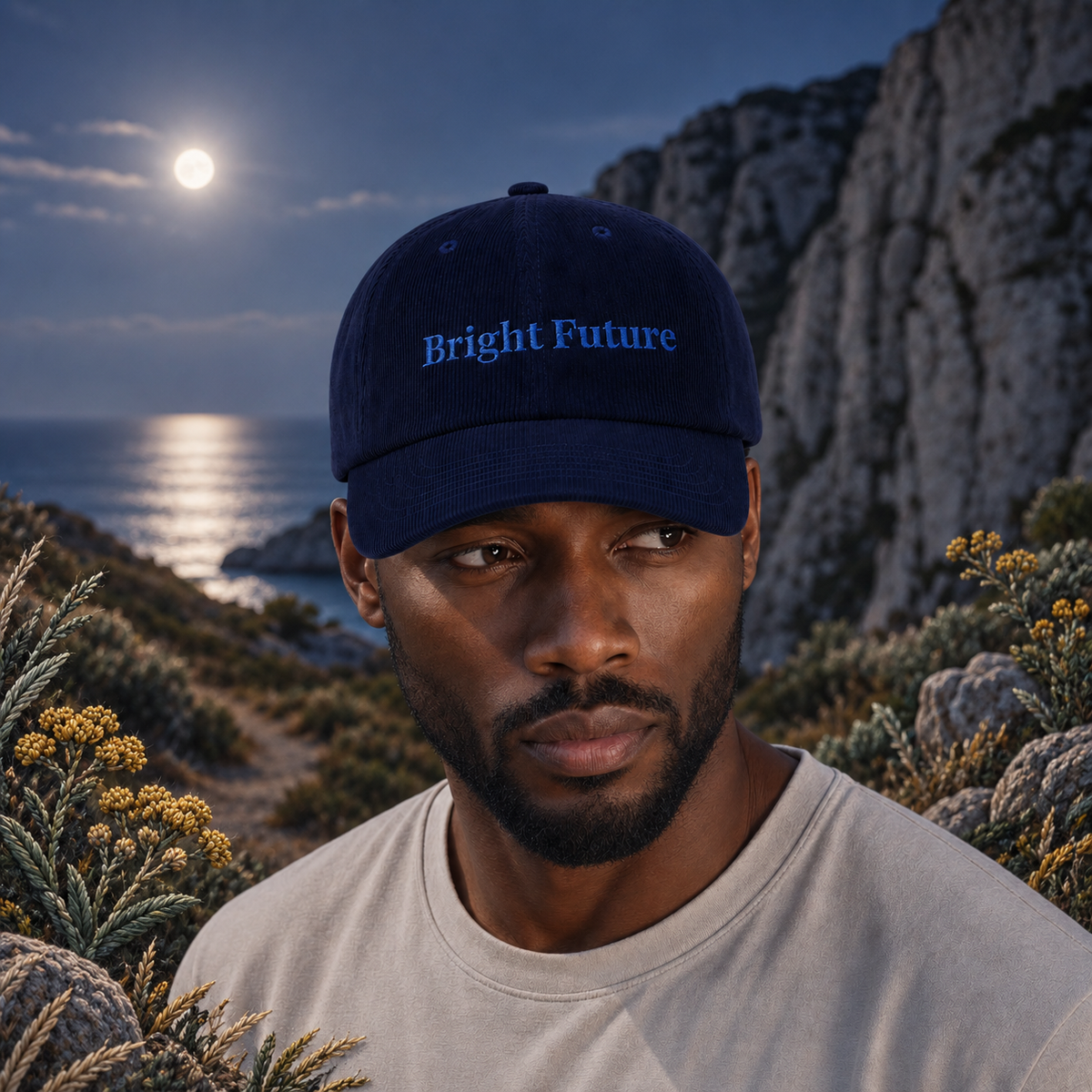 Bright Future Corduroy Hat – Bright Future product image — realistic model in an embroidered nature scene.