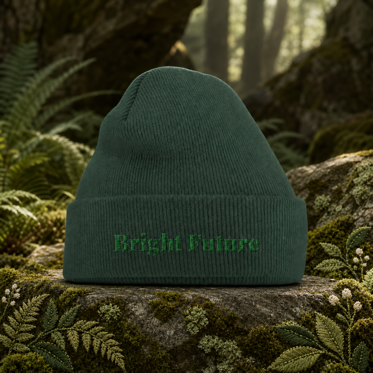 Bright Future Beanie – Bright Future product image — original product in a realistic nature scene with embroidered environmental details.