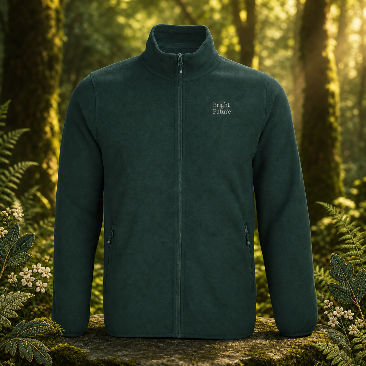 Recycled Microfleece Jacket – Bright Future product image — original product in a realistic nature scene with embroidered environmental details.