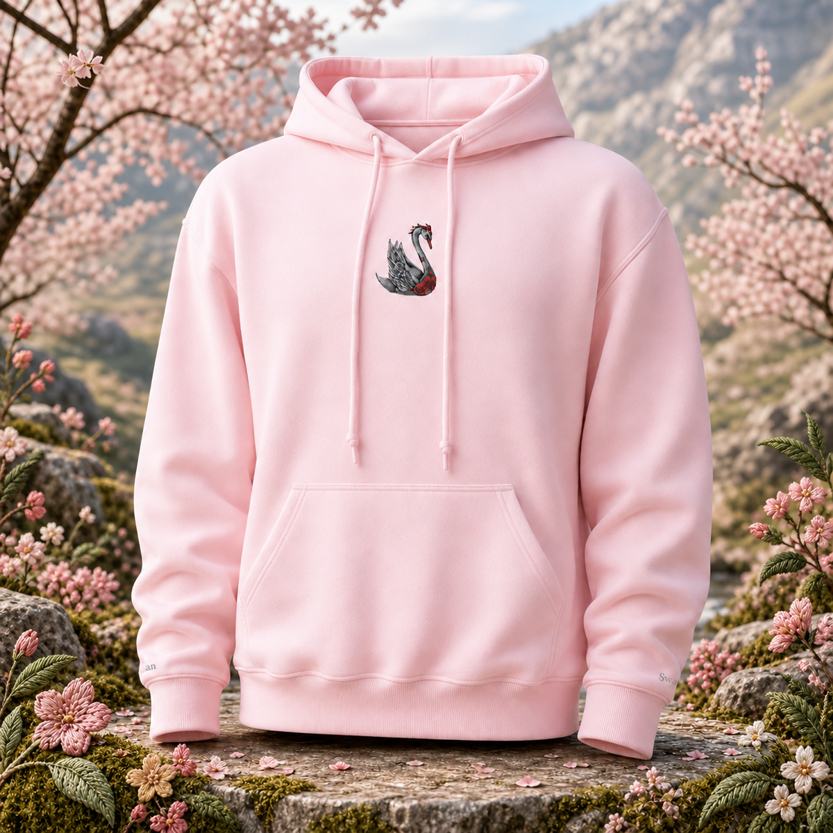 Swan Hoodie – Bright Future product image — original product in a realistic nature scene with embroidered environmental details.
