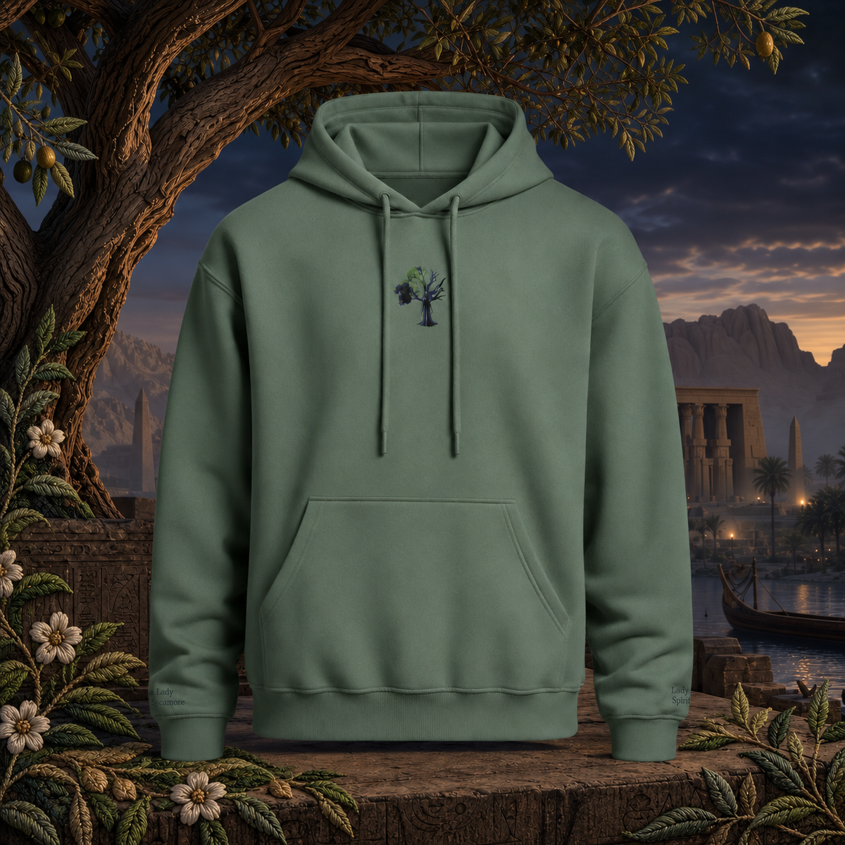 Lady of the Sycamore Symbol Hoodie – Bright Future product image — original product in a realistic nature scene with embroidered environmental details.