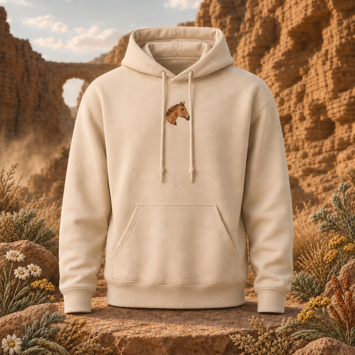 Horse Hoodie – Freedom, Spirit & Strength – Bright Future product image — original product in a realistic nature scene with embroidered environmental details.