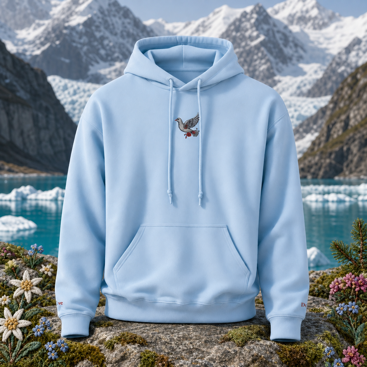 Dove Hoodie – Peace, Love & Divine Guidance – Bright Future product image — original product in a realistic nature scene with embroidered environmental details.