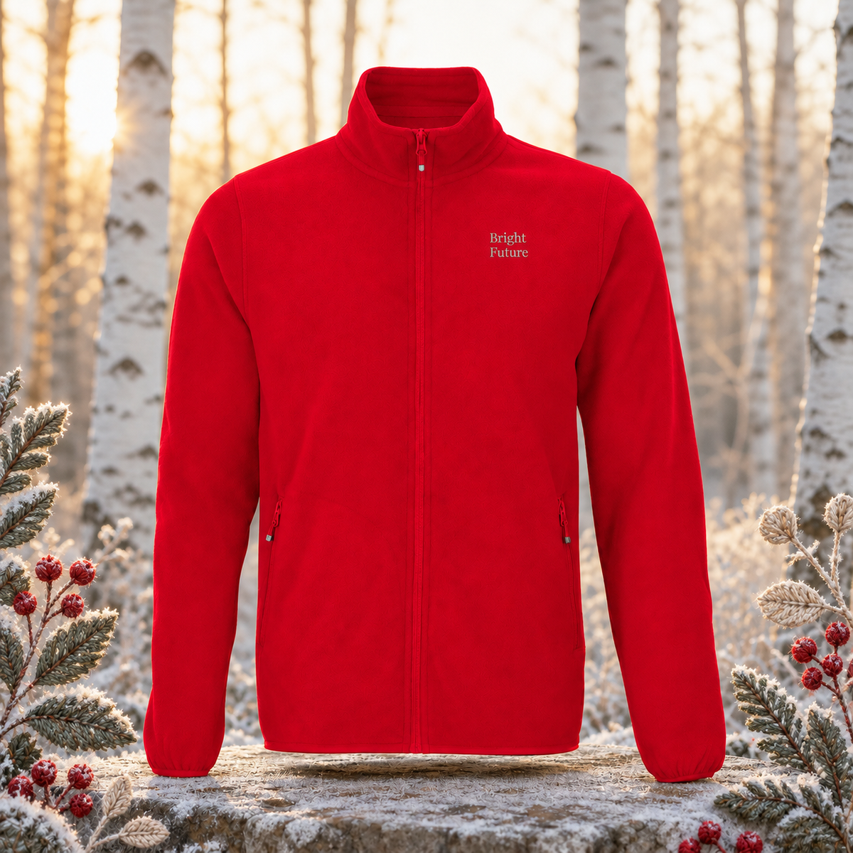 Recycled Microfleece Jacket – Bright Future product image — original product in a realistic nature scene with embroidered environmental details.