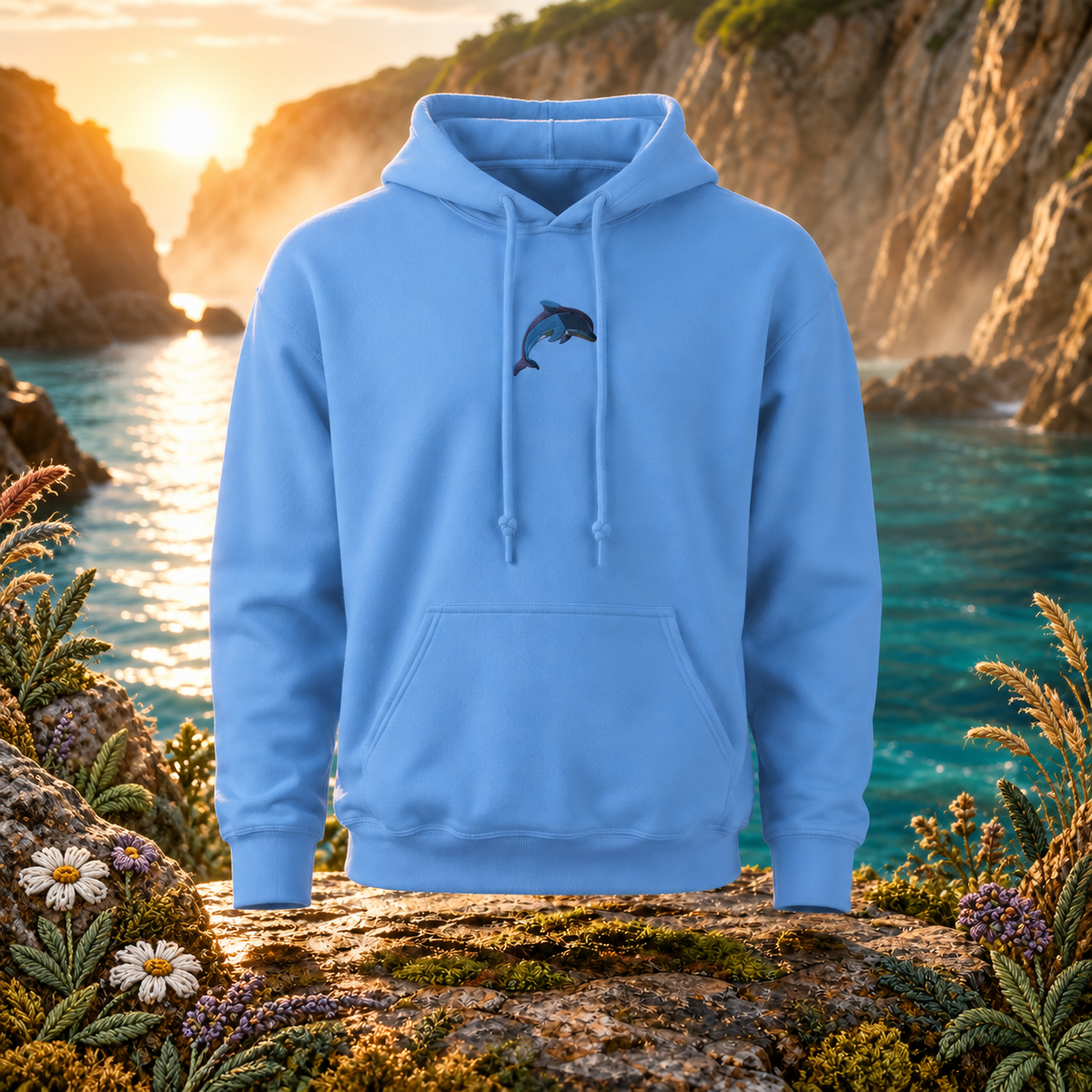 Dolphin Hoodie – Joy, Harmony & Intelligence – Bright Future product image — original product in a realistic nature scene with embroidered environmental details.