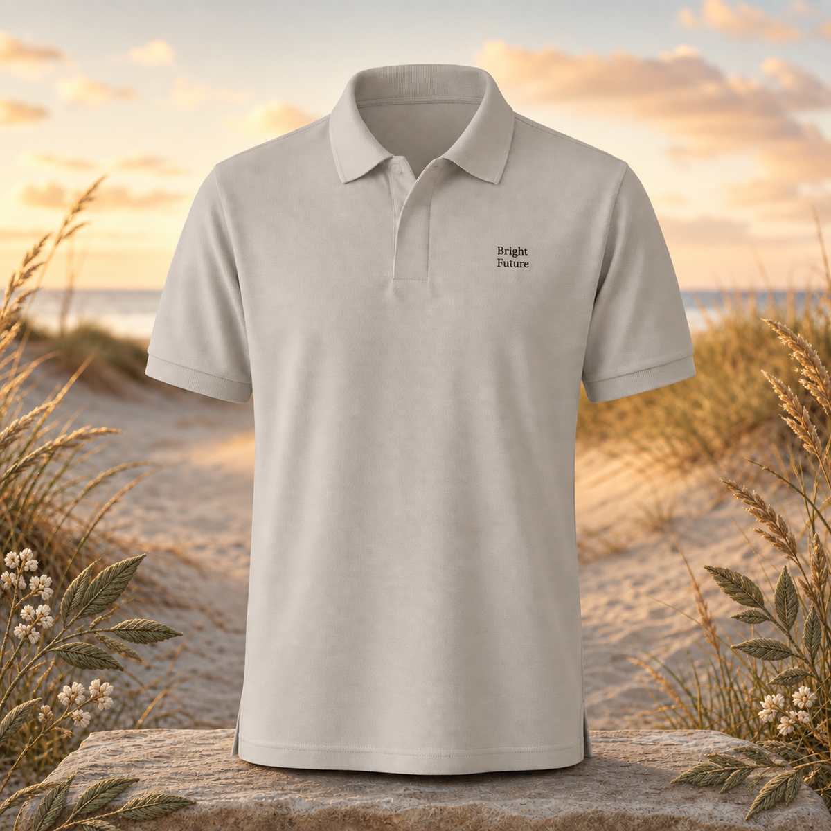 Bright Future premium piqué polo shirt lifestyle image — original product in a realistic nature scene with embroidered environmental details.