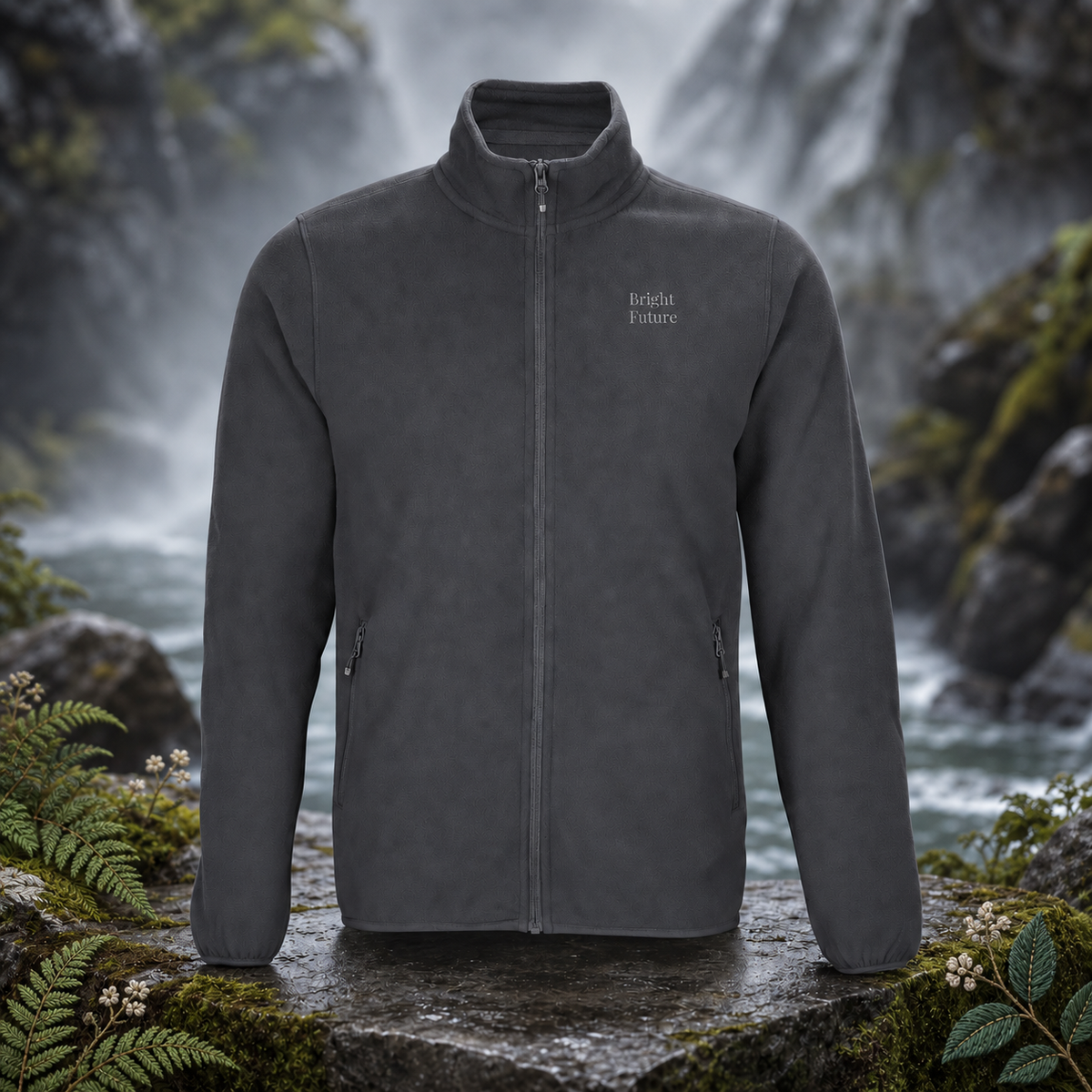 Recycled Microfleece Jacket – Bright Future product image — original product in a realistic nature scene with embroidered environmental details.