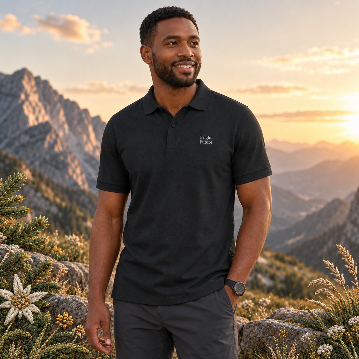 Premium Piqué Polo Shirt – Bright Future product image — realistic model in an embroidered nature scene.