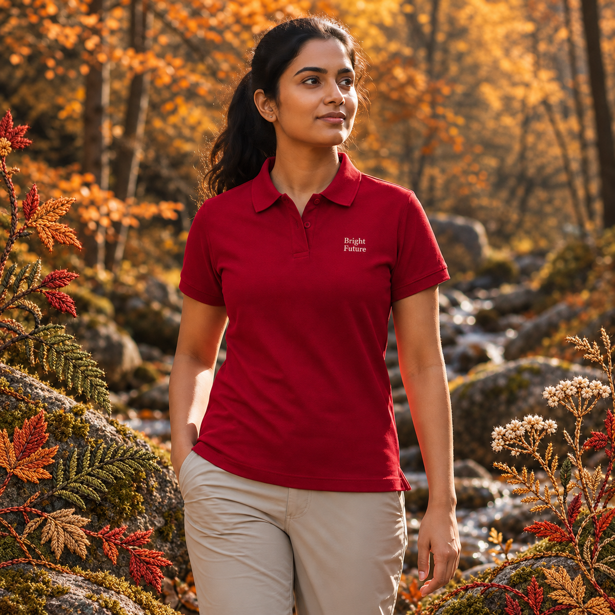 Premium Piqué Polo Shirt – Bright Future product image — realistic model in an embroidered nature scene.