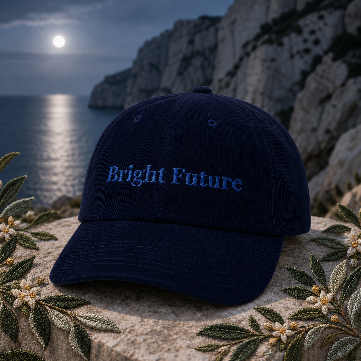 Bright Future Corduroy Hat – Bright Future product image — original product in a realistic nature scene with embroidered environmental details.