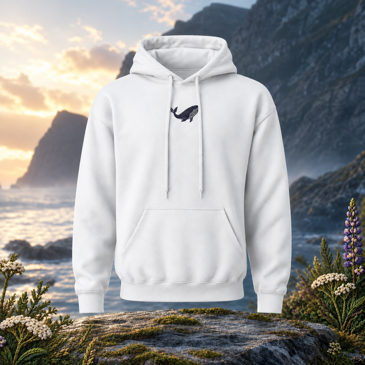 Blue Whale Hoodie – Wisdom, Depth & Serenity – Bright Future product image — original product in a realistic nature scene with embroidered environmental details.