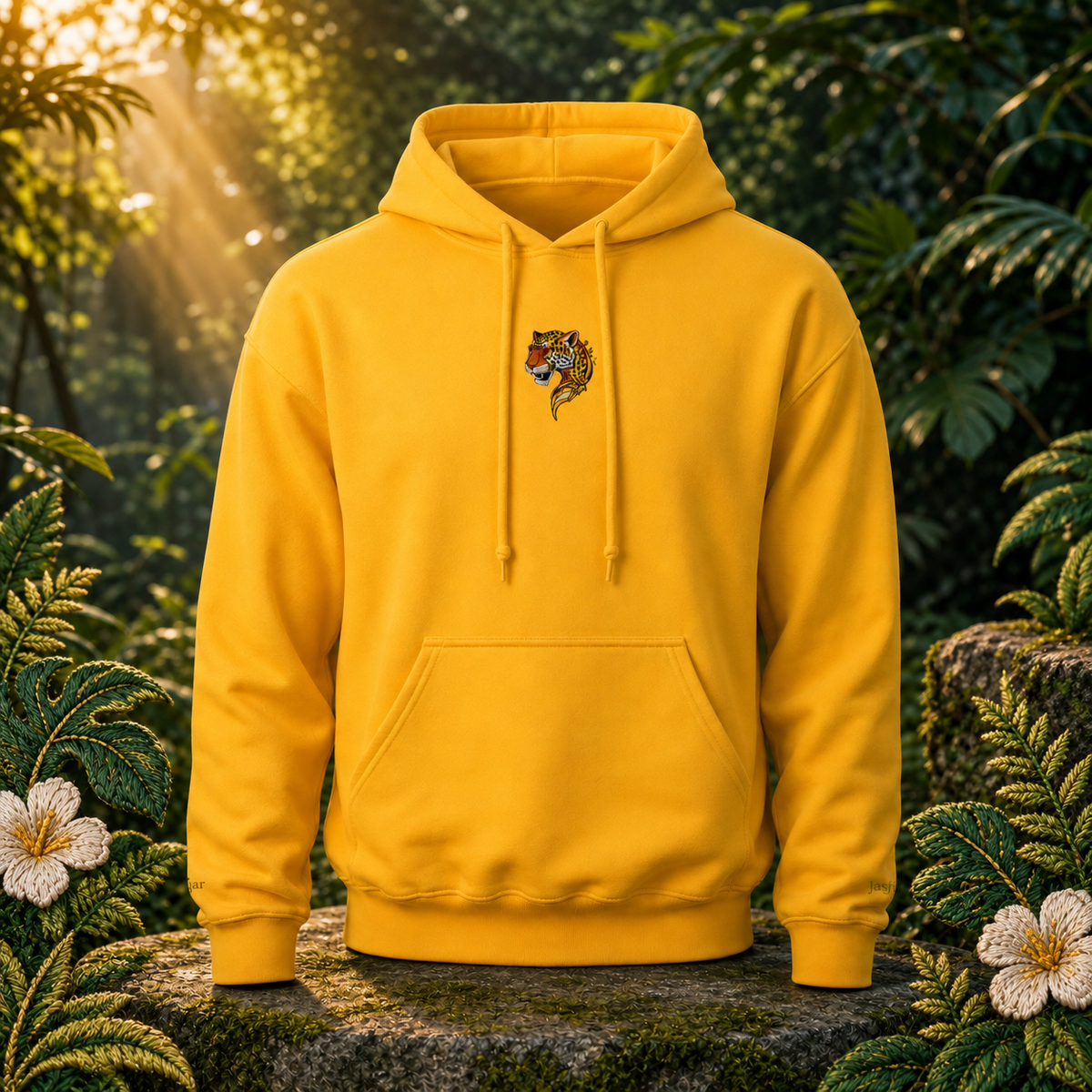 Jaguar Hoodie – Bright Future product image — original product in a realistic nature scene with embroidered environmental details.