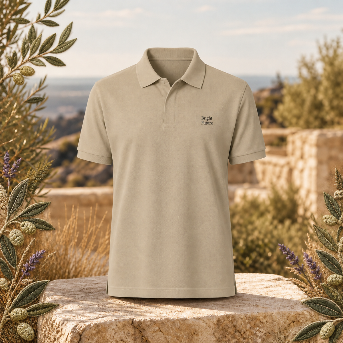Premium Piqué Polo Shirt – Bright Future product image — original product in a realistic nature scene with embroidered environmental details.
