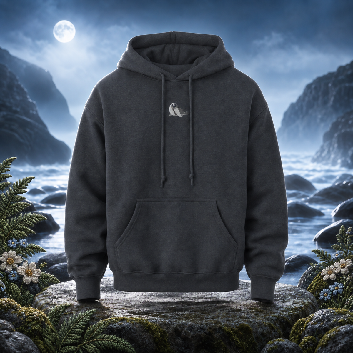 Seal Hoodie – Bright Future product image — original product in a realistic nature scene with embroidered environmental details.