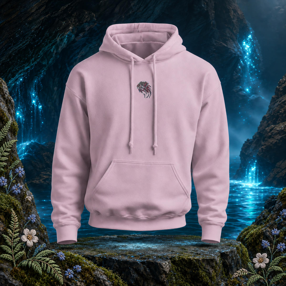 Jellyfish Hoodie – Flow, Light & Surrender – Bright Future product image — original product in a realistic nature scene with embroidered environmental details.