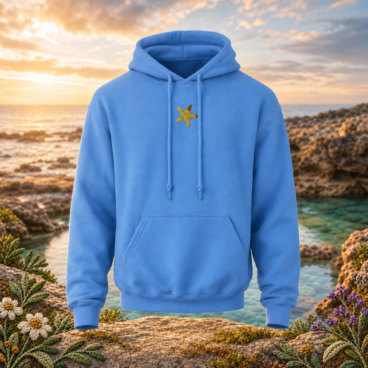 Starfish Hoodie – Bright Future product image — original product in a realistic nature scene with embroidered environmental details.