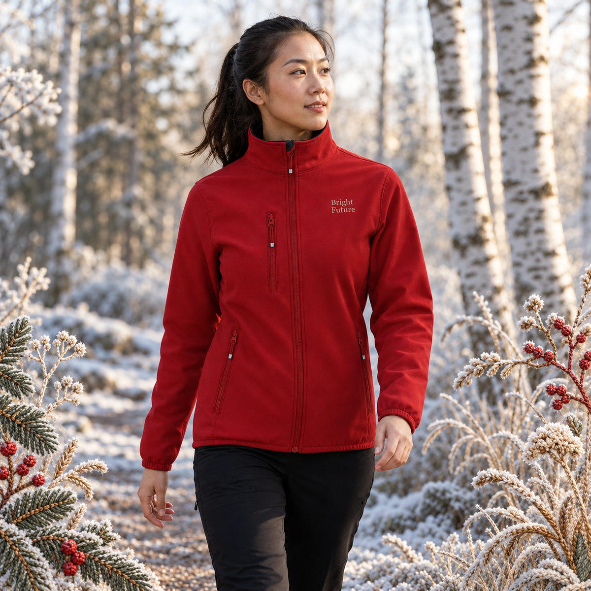 Recycled Softshell Jacket – Bright Future product image — realistic model in an embroidered nature scene.