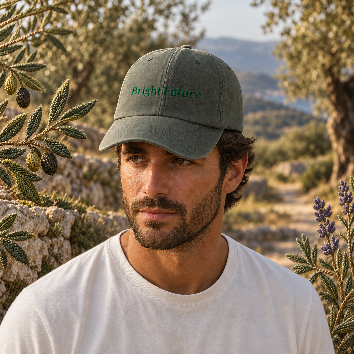 Bright Future Vintage Hat – Bright Future product image — realistic model in an embroidered nature scene.