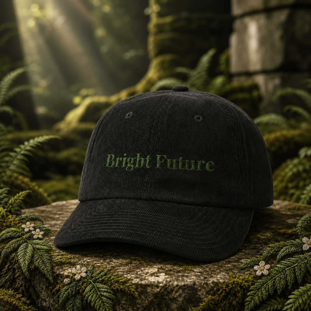 Bright Future Corduroy Hat – Bright Future product image — original product in a realistic nature scene with embroidered environmental details.