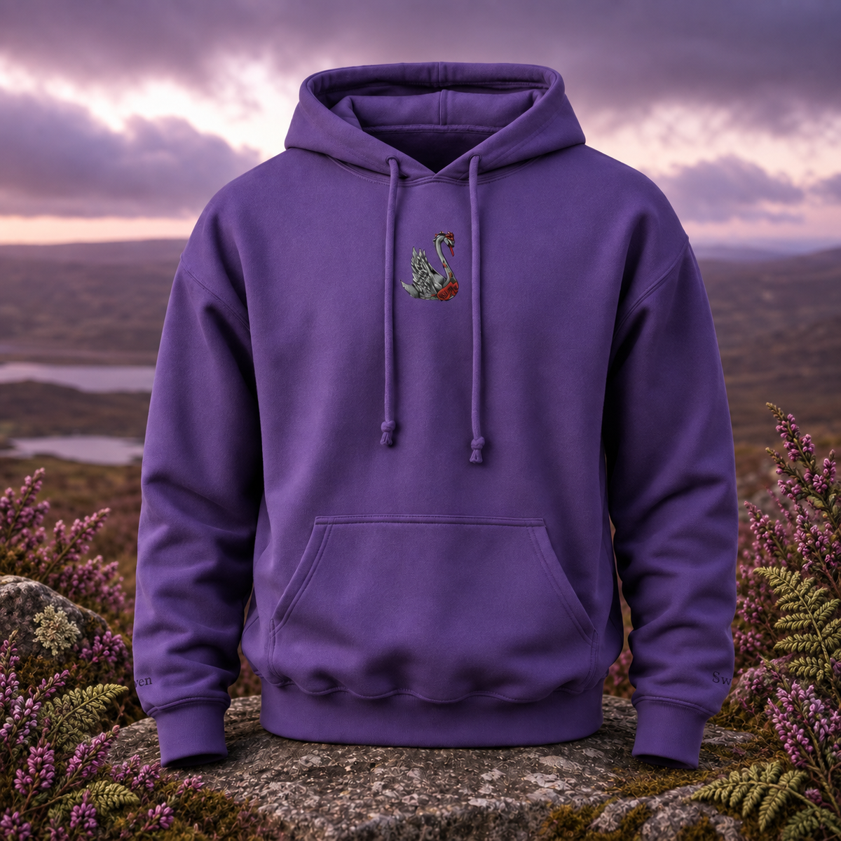 Swan Hoodie – Bright Future product image — original product in a realistic nature scene with embroidered environmental details.