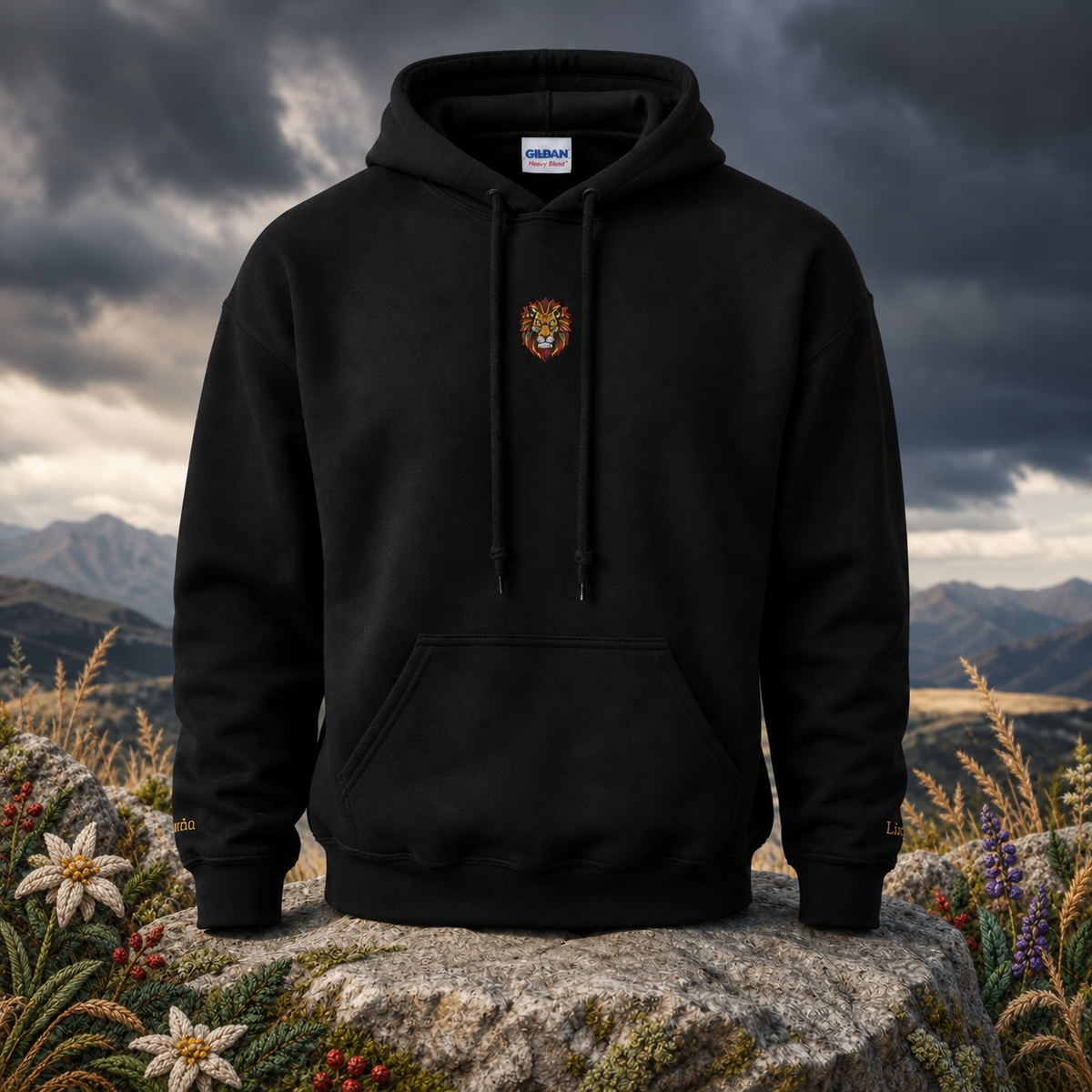 Lion Hoodie – Strength, Power & Confidence – Bright Future product image — original product in a realistic nature scene with embroidered environmental details.