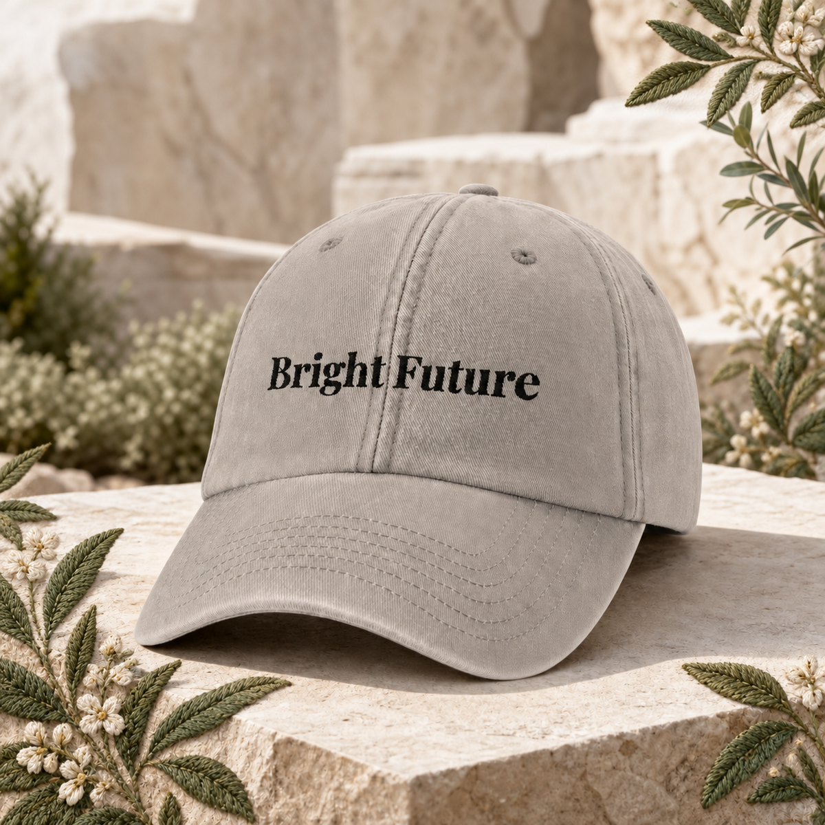 Bright Future Vintage Hat – Bright Future product image — original product in a realistic nature scene with embroidered environmental details.