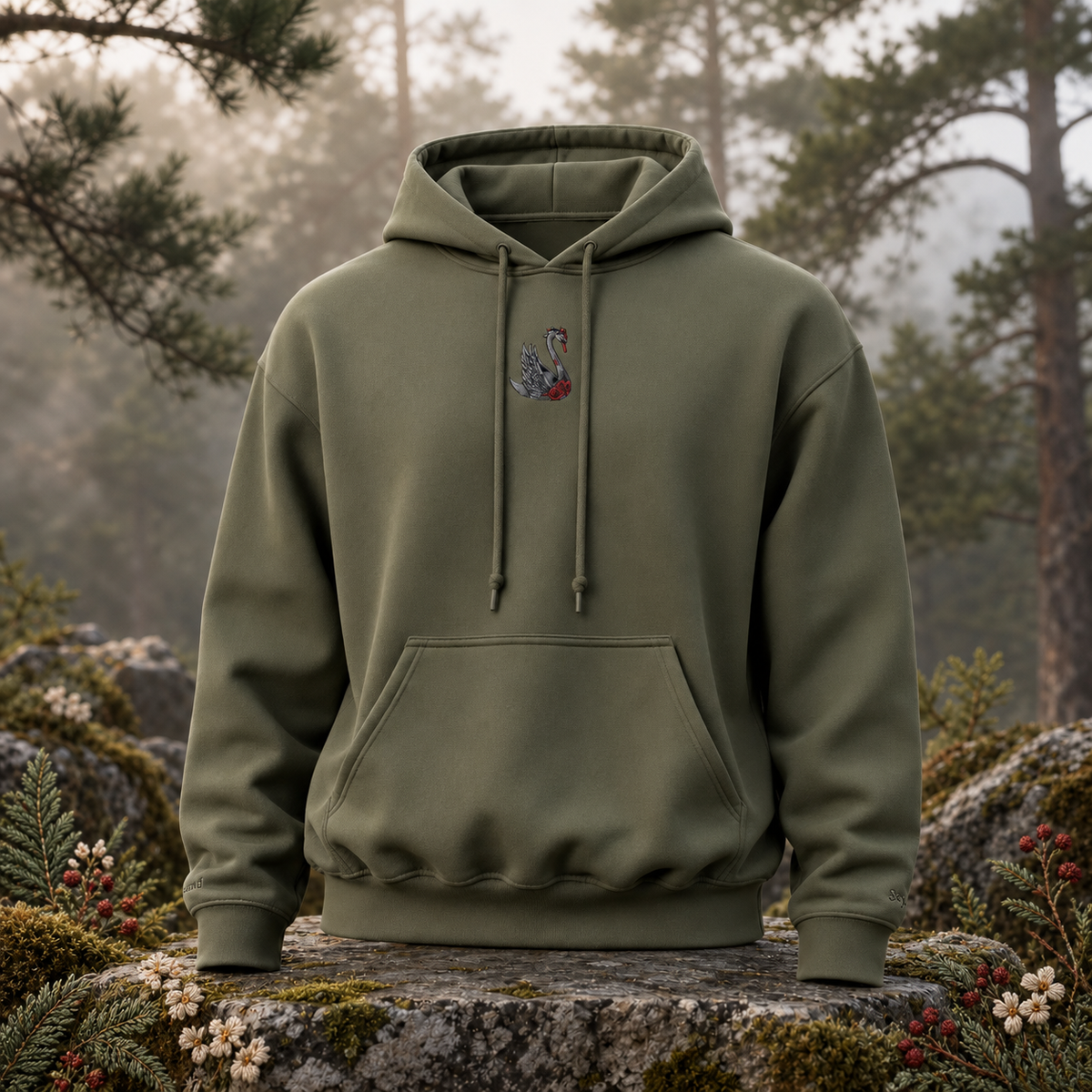 Swan Hoodie – Bright Future product image — original product in a realistic nature scene with embroidered environmental details.