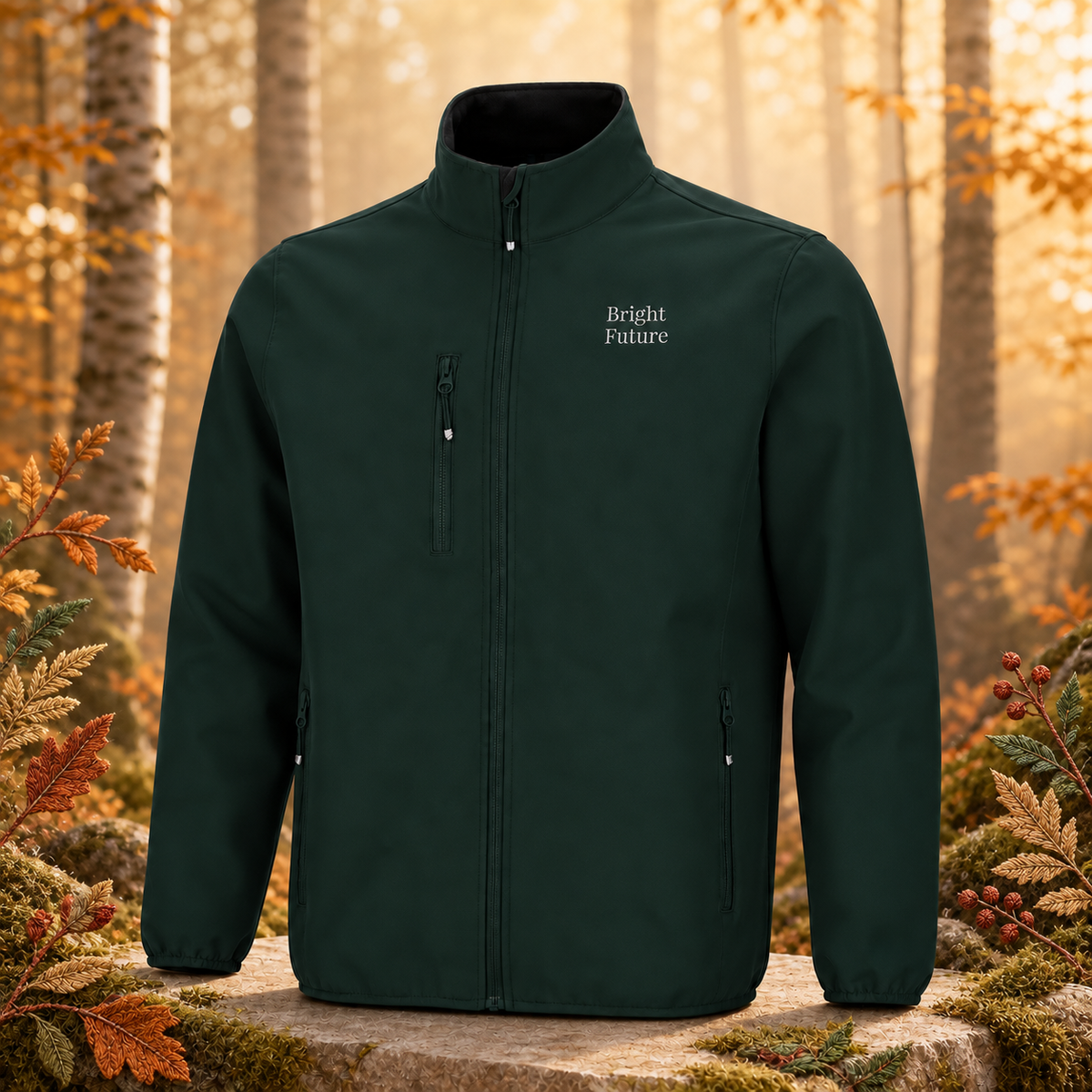 Recycled Softshell Jacket – Bright Future product image — original product in a realistic nature scene with embroidered environmental details.