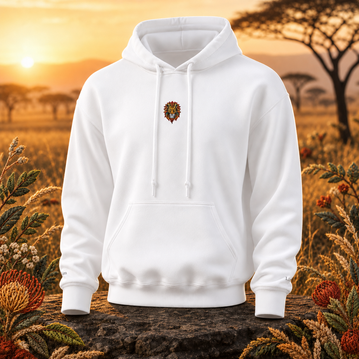 Lion Hoodie – Strength, Power & Confidence – Bright Future product image — original product in a realistic nature scene with embroidered environmental details.