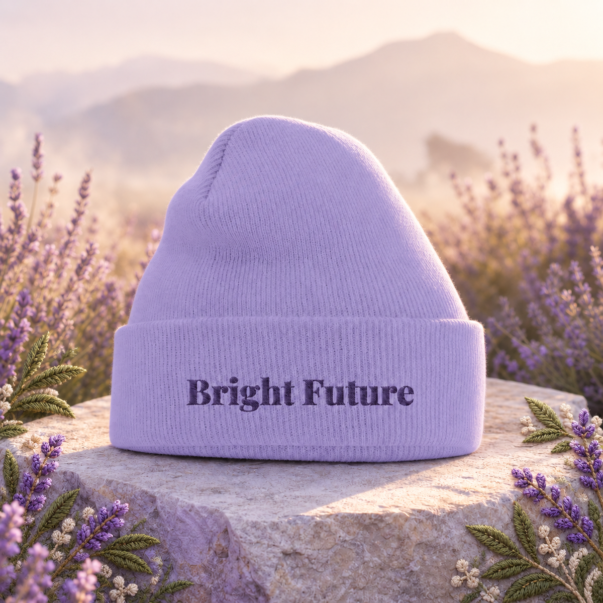Bright Future Beanie – Bright Future product image — original product in a realistic nature scene with embroidered environmental details.