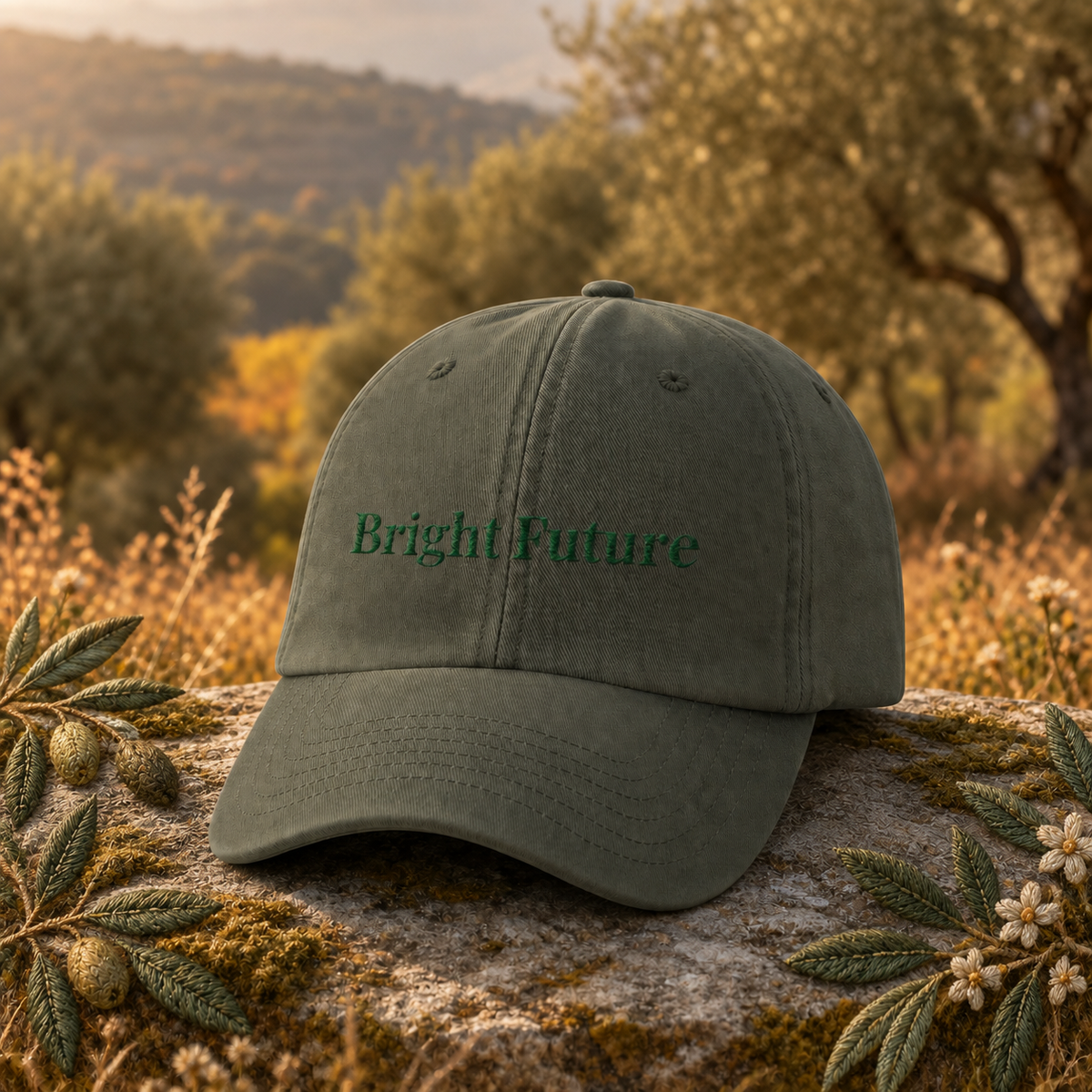 Bright Future Vintage Hat – Bright Future product image — original product in a realistic nature scene with embroidered environmental details.