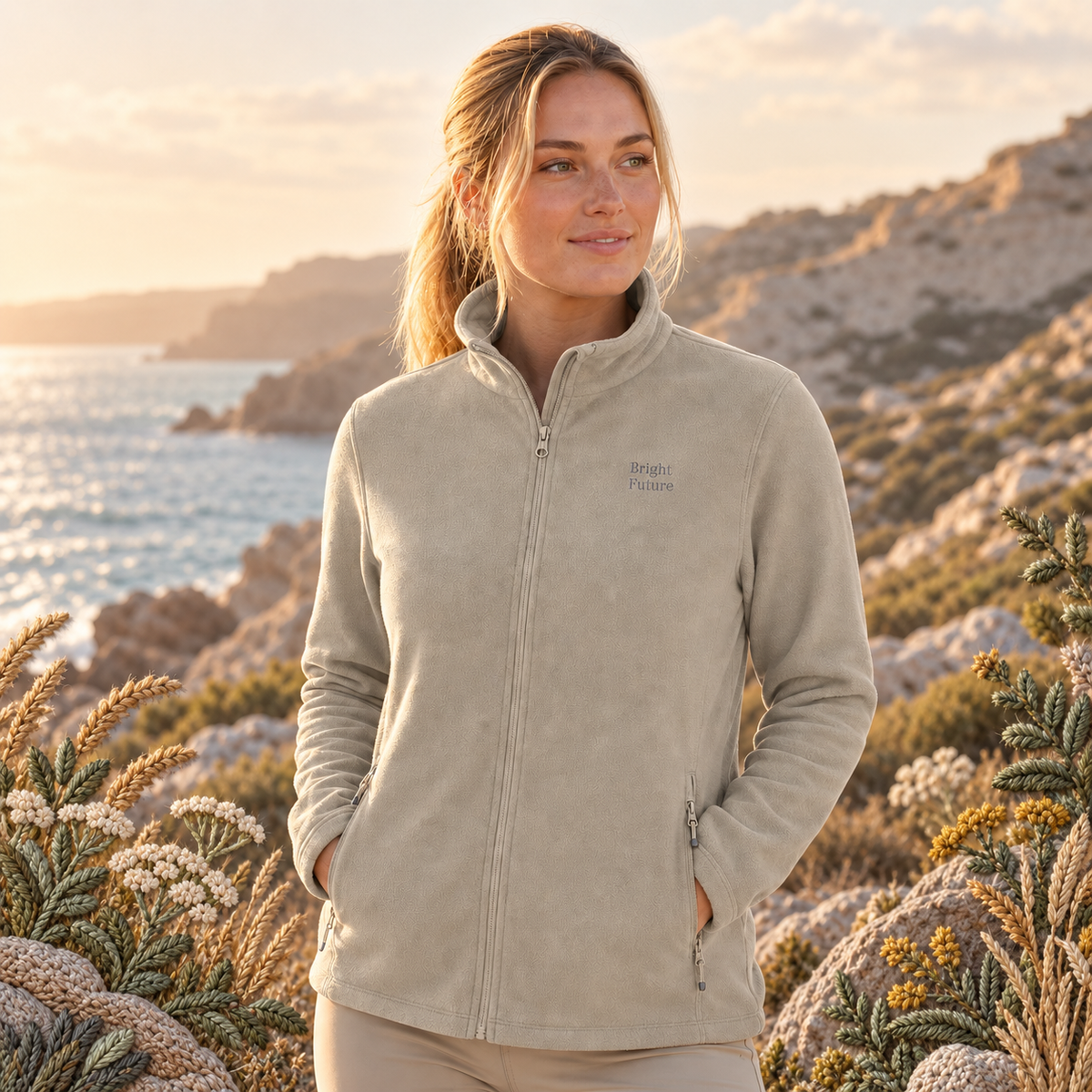 Recycled Microfleece Jacket – Bright Future product image — realistic model in an embroidered nature scene.