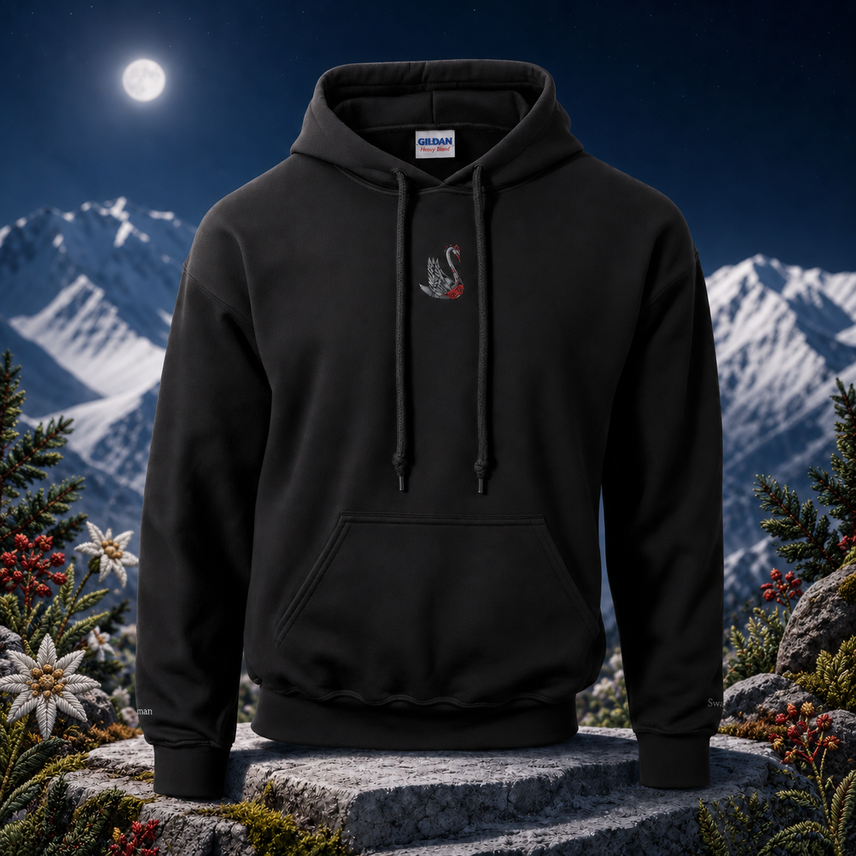 Swan Hoodie – Bright Future product image — original product in a realistic nature scene with embroidered environmental details.