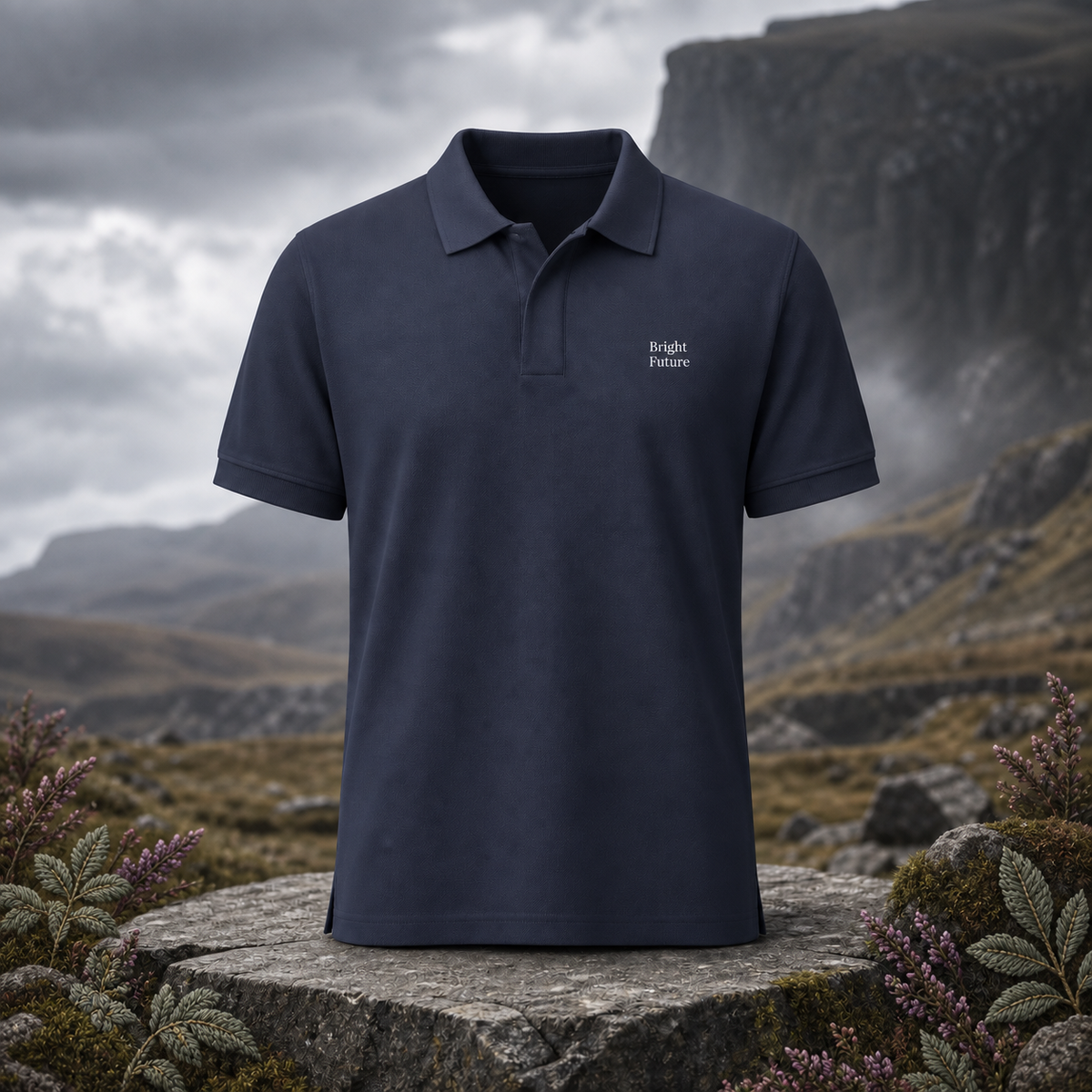 Premium Piqué Polo Shirt – Bright Future product image — original product in a realistic nature scene with embroidered environmental details.
