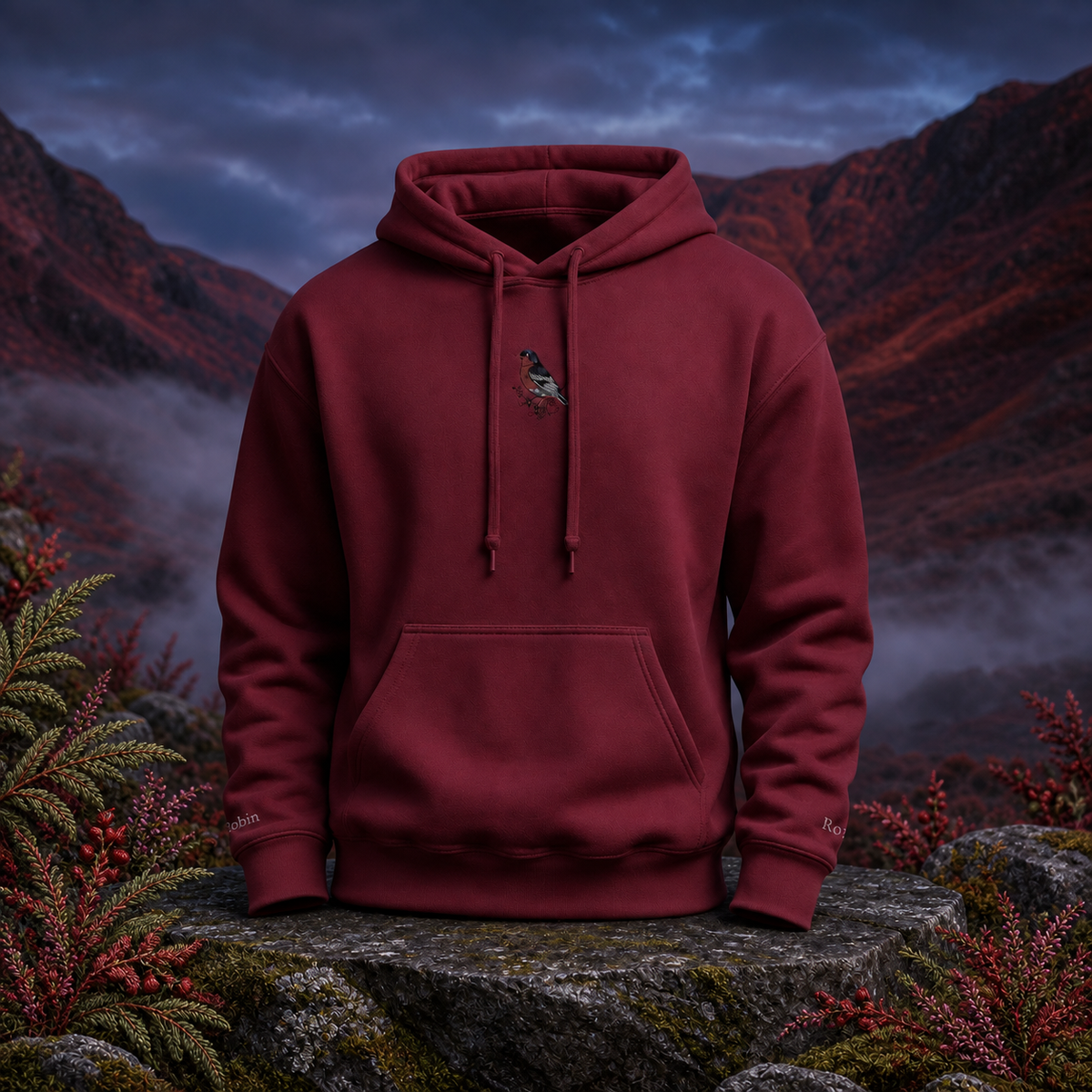 Robin Hoodie – Bright Future product image — original product in a realistic nature scene with embroidered environmental details.