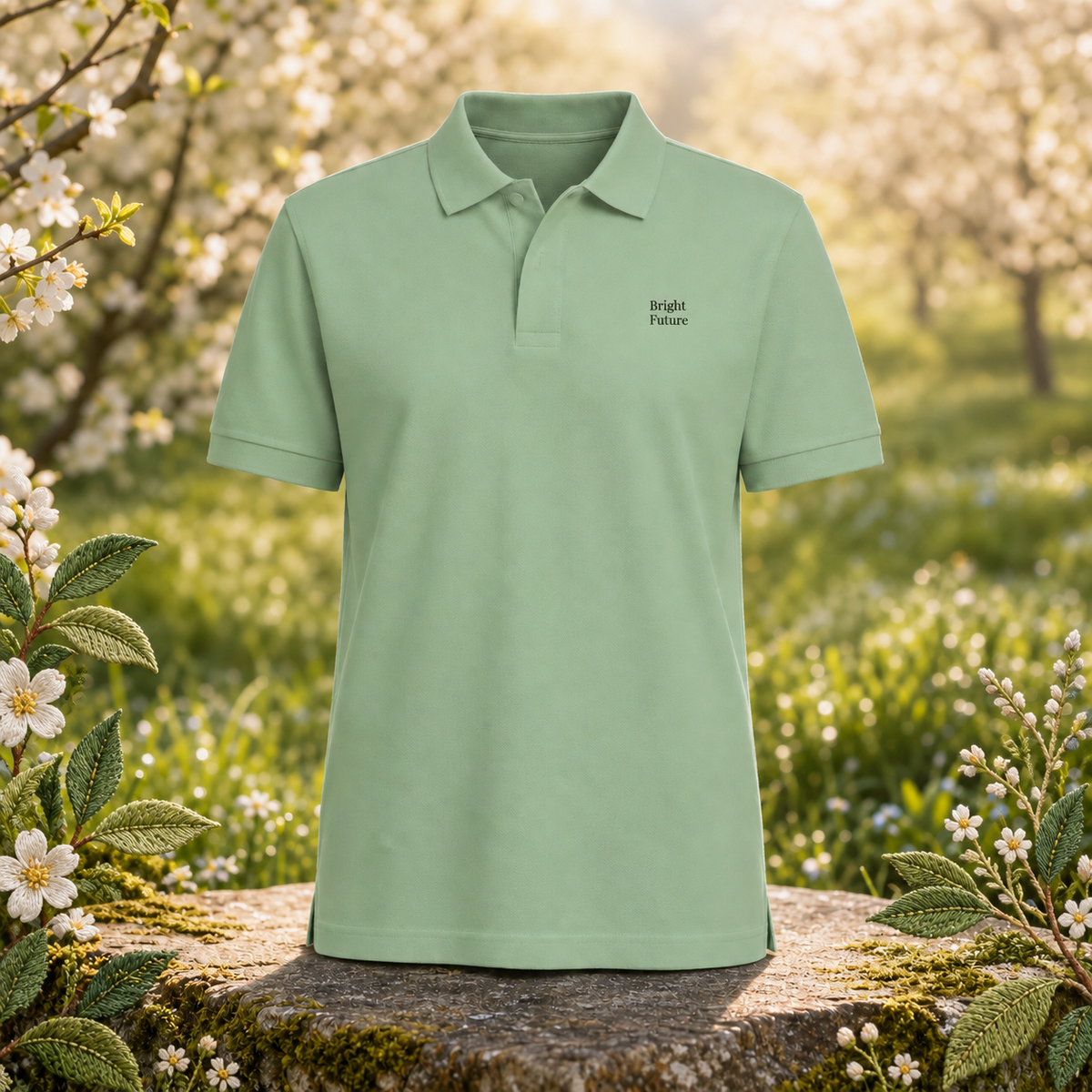 Premium Piqué Polo Shirt – Bright Future product image — original product in a realistic nature scene with embroidered environmental details.