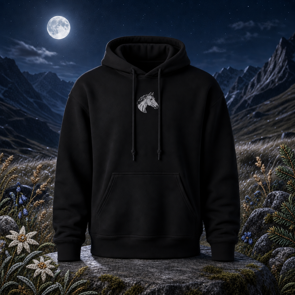 Horse Hoodie – Freedom, Spirit & Strength – Bright Future product image — original product in a realistic nature scene with embroidered environmental details.