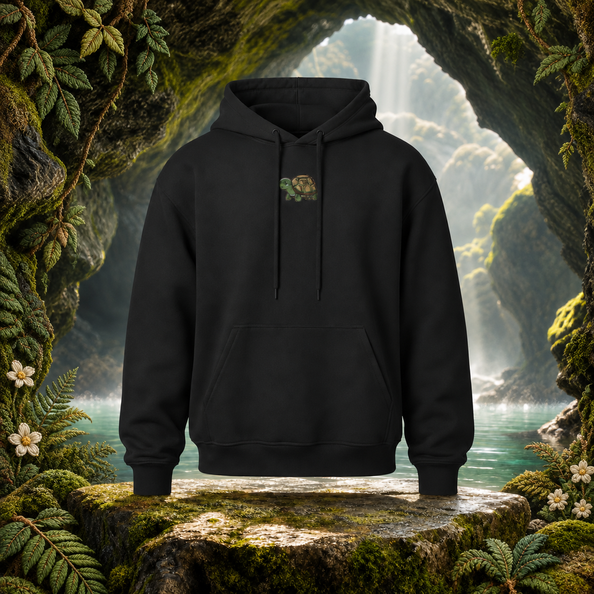 Turtle Hoodie – Bright Future product image — original product in a realistic nature scene with embroidered environmental details.