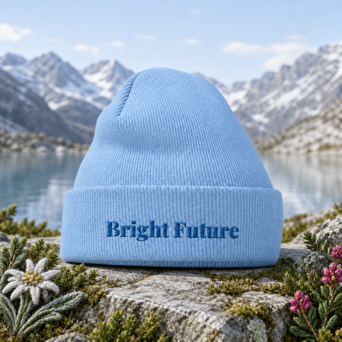 Bright Future Beanie – Bright Future product image — original product in a realistic nature scene with embroidered environmental details.