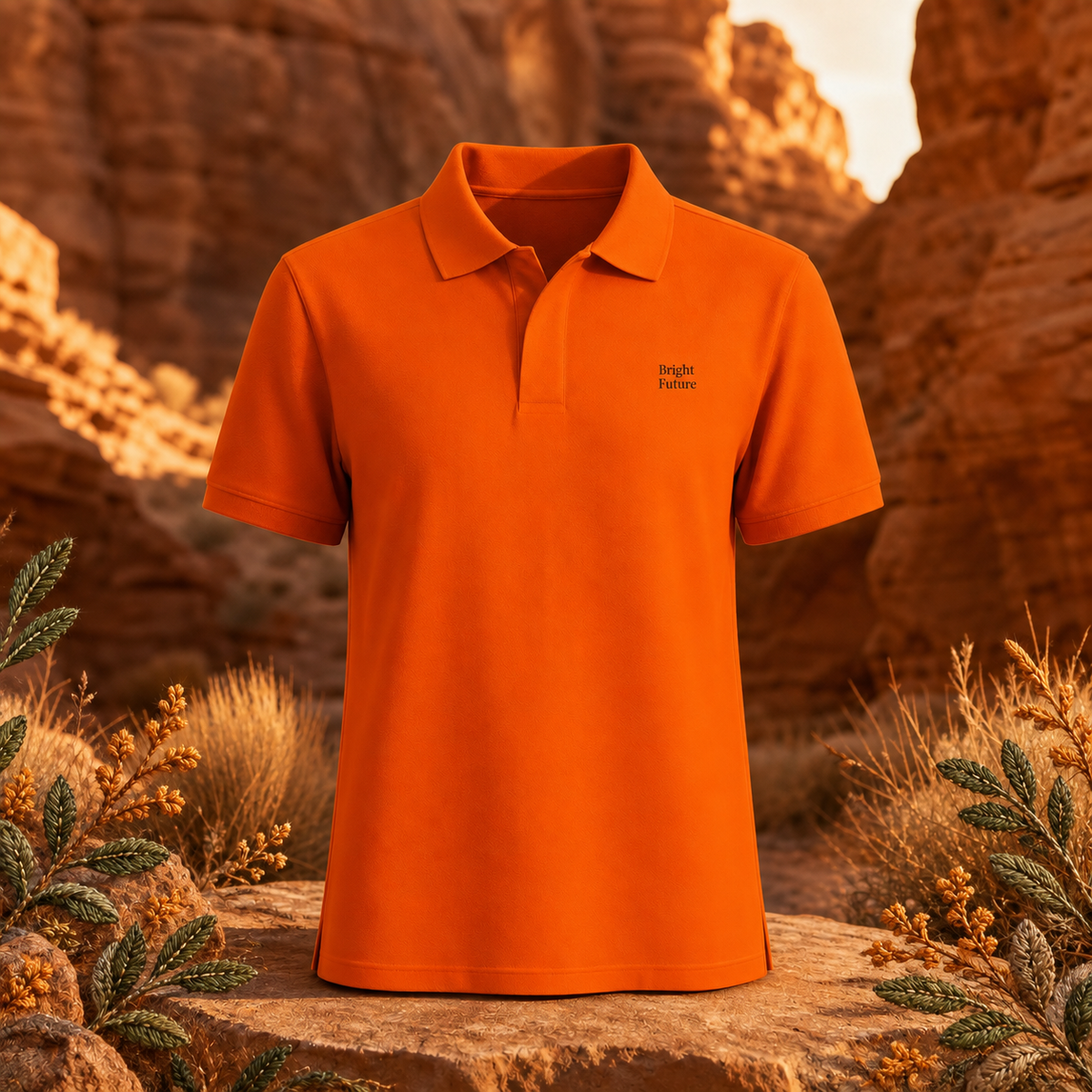 Premium Piqué Polo Shirt – Bright Future product image — original product in a realistic nature scene with embroidered environmental details.