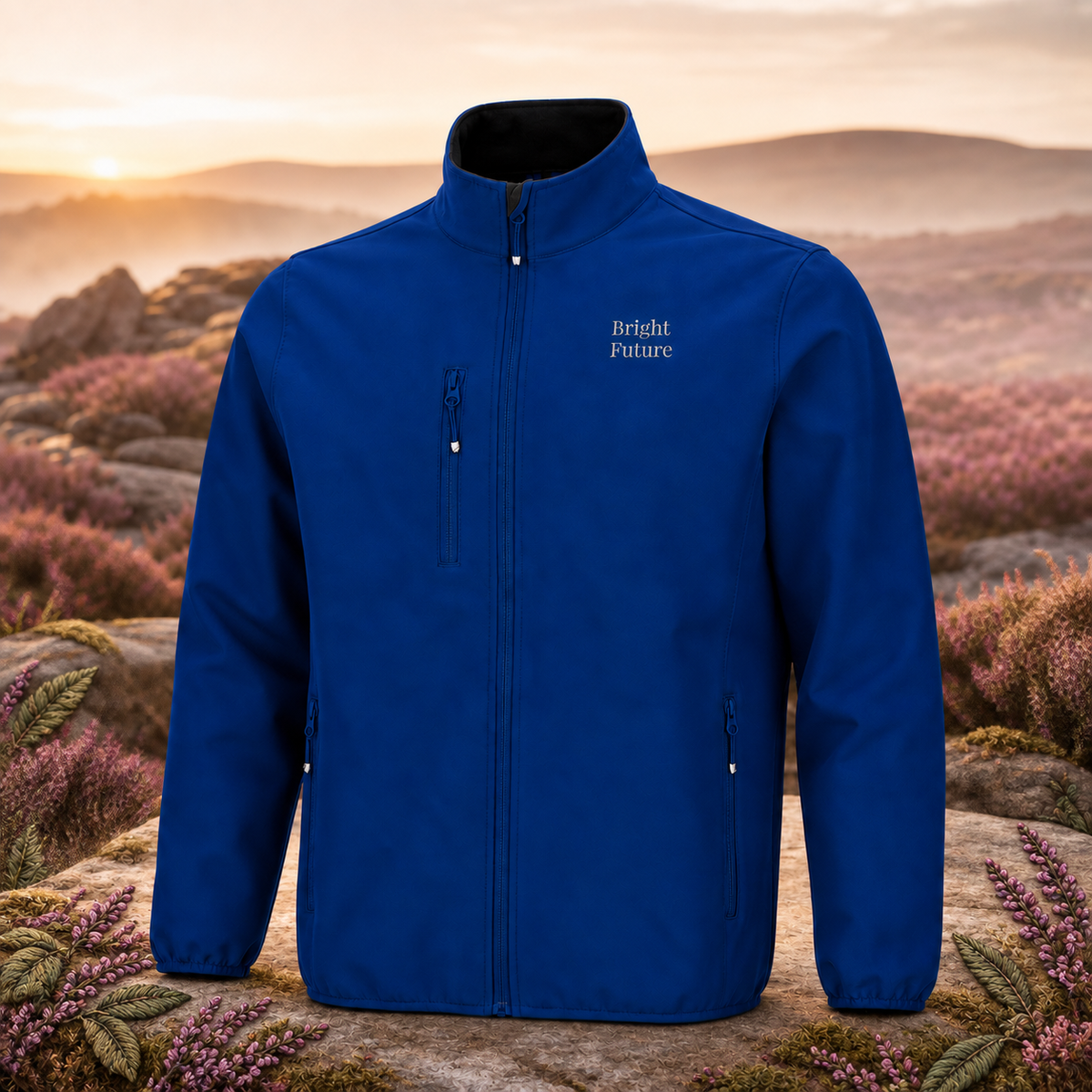 Recycled Softshell Jacket – Bright Future product image — original product in a realistic nature scene with embroidered environmental details.