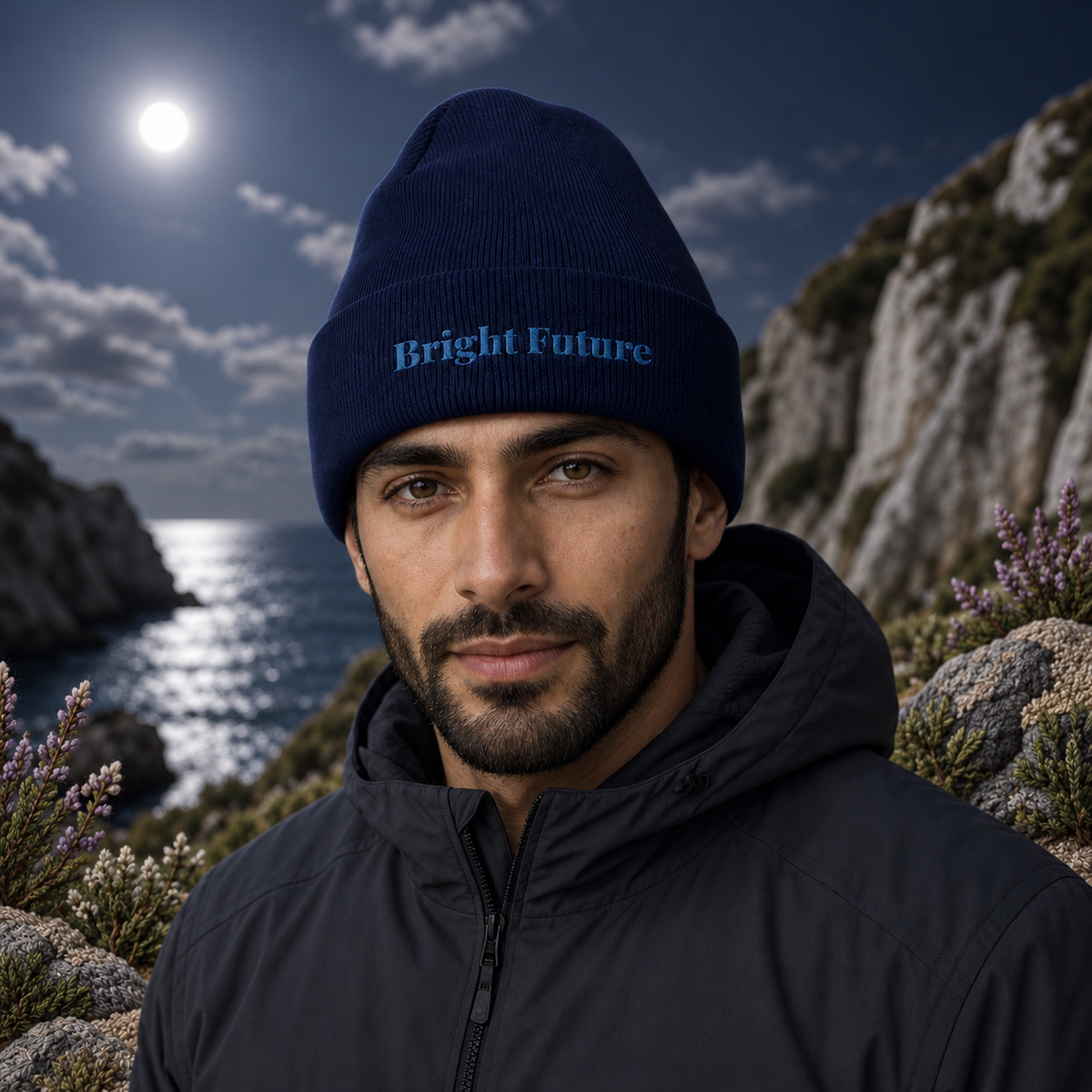 Bright Future Beanie – Bright Future product image — realistic model in an embroidered nature scene.